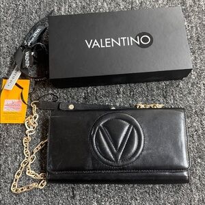 Mario Valentino Black Leather Clutch Purse with Chain and Box